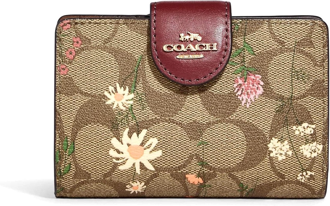 COACH Womens Medium Corner Zip Wallet In Signature Canvas, IM/Khaki Multi With Wildflower Print